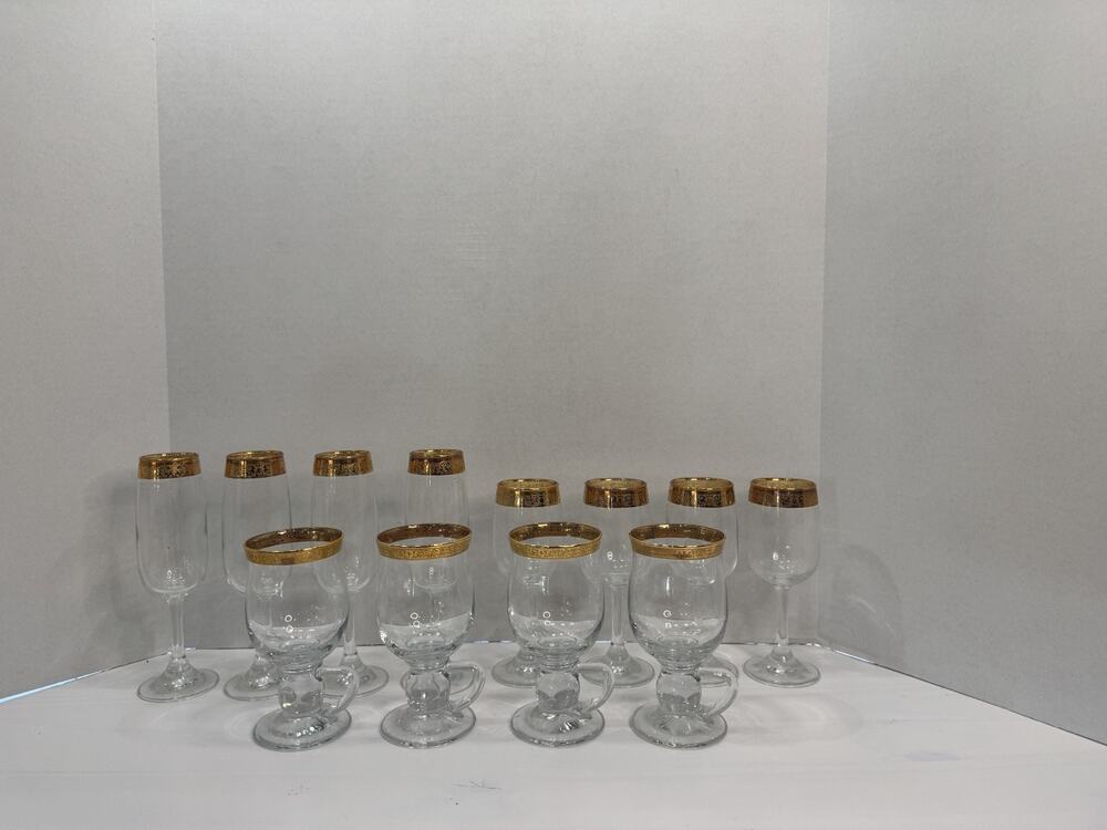Cellini 24K GOLD Trim Etched Blown Crystal Glasses Set of 12 Italy